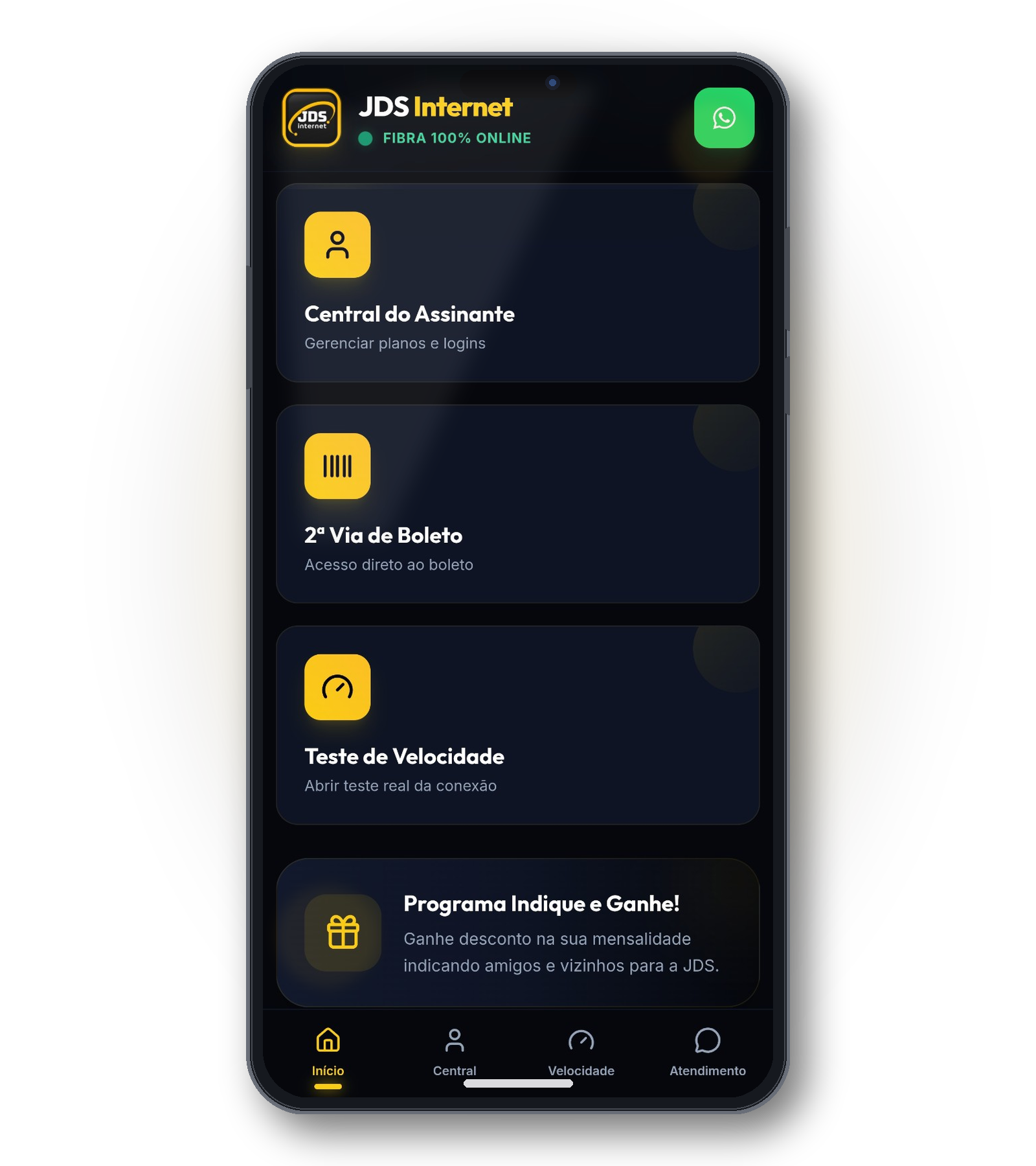 Celular com o aplicativo JDS Internet aberto